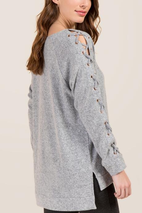 Francesca's Nessa Lattice Shoulder Hacci Top - Heather Gray