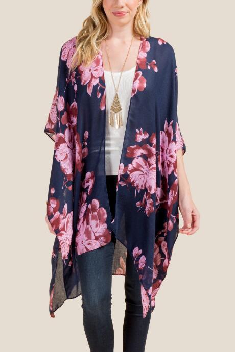 Francesca's Marianne Floral Ruana - Navy