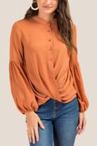 Francesca's Krista Front Twist Button Blouse - Amber