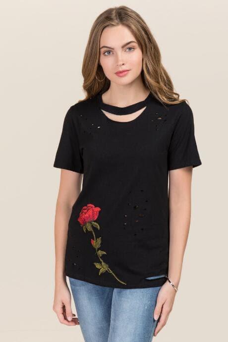 Fashion Today, Inc. Syreeta Distressed Cut Out Rose Top - Black