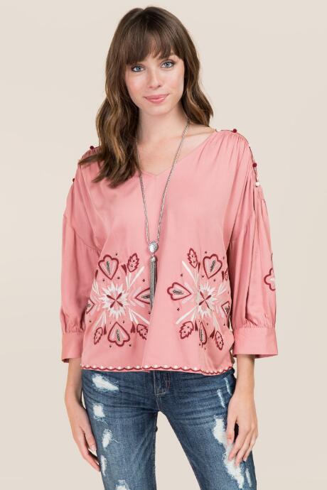 Francesca's Ryann Embroidered Poet Sleeve Top - Rose