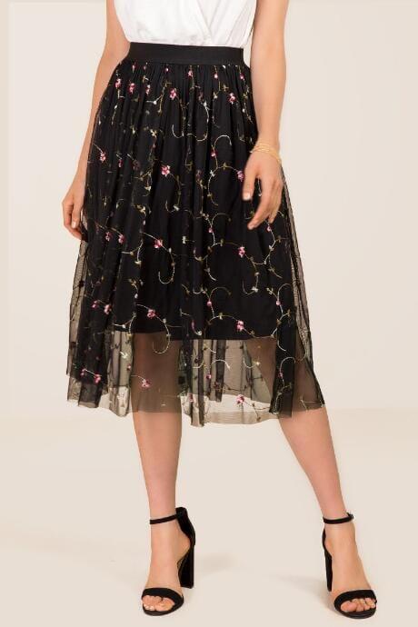 Blue Rain Rachael Embroidered Floral Tulle Midi Skirt - Black