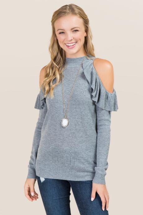 Rd International Brigitte Ruffle Cold Shoulder Sweater - Gray