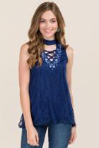 Blue Rain Cohen Embroidered Lace Gigi X Neck Tank - Navy