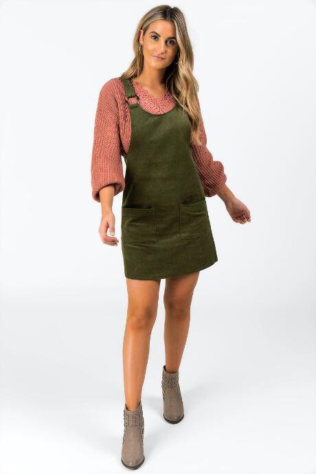 Francesca's Karla Corduroy Overall Dress - Dark Olive