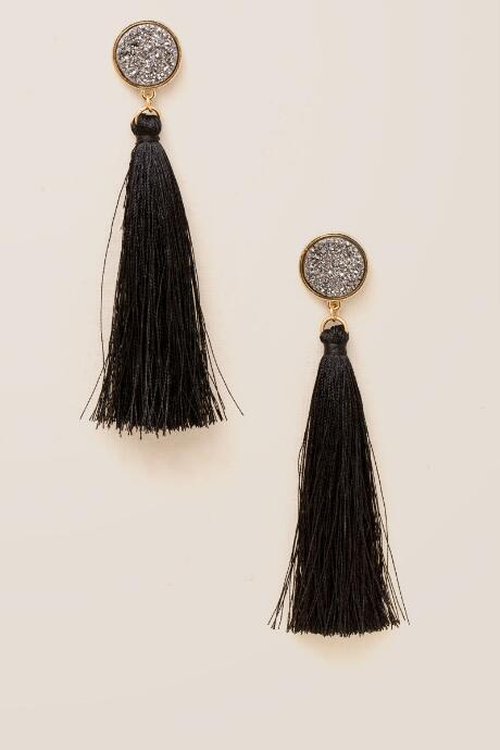 Francesca's Madelyn Druzy Tassel Earrings In Black - Black