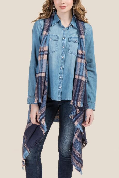 Francescas Leila Plaid Ruana Vest - Blue