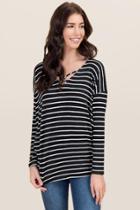 Ayla Kari Stripe Long Sleeve X Neck Top - Black