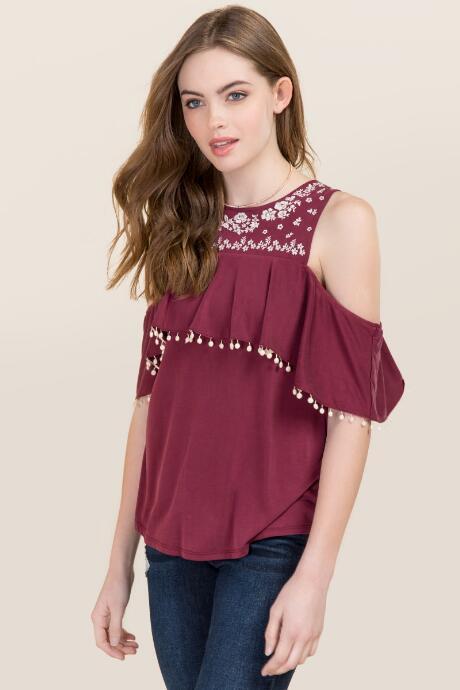 Alya Judith Embroidered Cupro Cold Shoulder Top - Wine