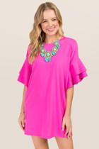 Mi Ami Tinsley Ruffle Sleeve Shift Dress - Neon Pink