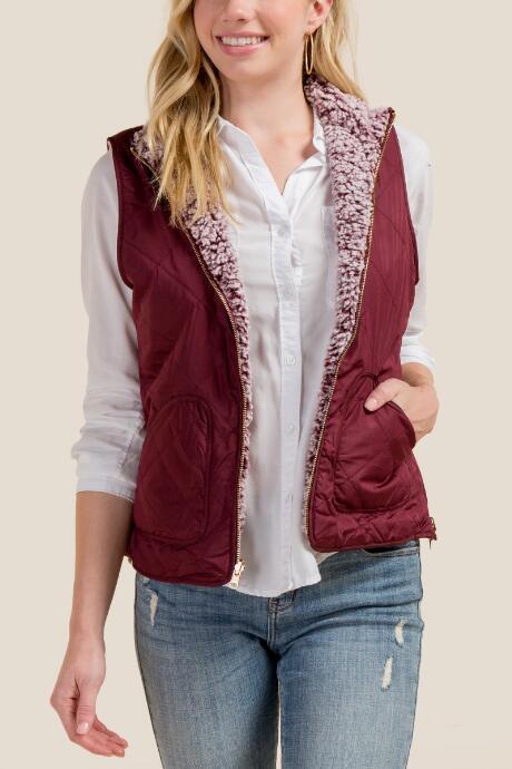 Francesca's Kylie Reversible Puffer Cozy Vest - Burgundy