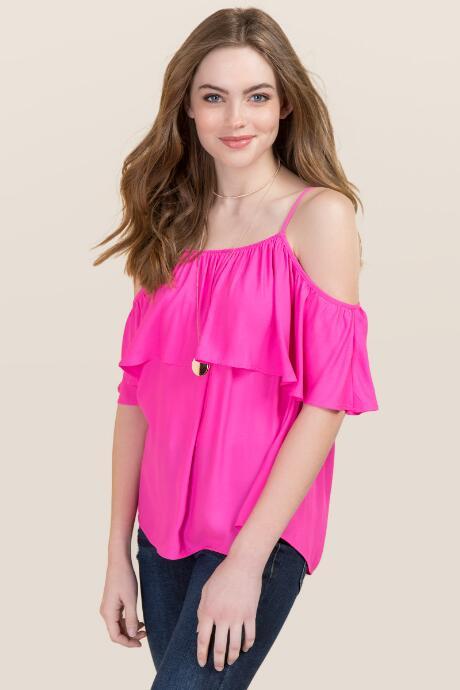 Lush Cold Shoulder Ruffle Blouse - Neon Pink