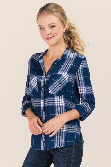 Francesca's Doutzen Split Back Plaid Button Down - Blue