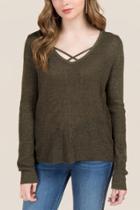 Francesca's Colleen Lattice Thermal Pullover - Dark Olive