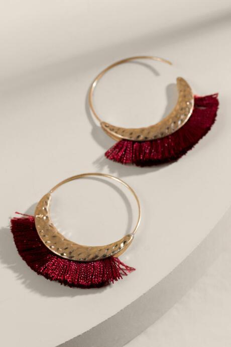 Francesca's Denise Tasseled Hoop Earrings - Burgundy
