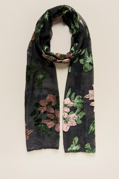 Francesca's Rosa Floral Velvet Oblong Scarf - Black
