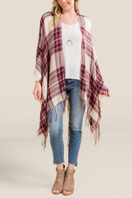 Francesca's Delaney Classic Fringe Plaid Ruana - Brick