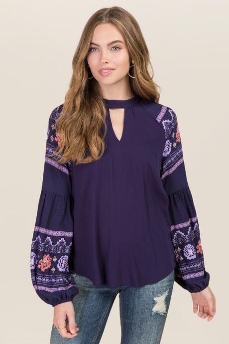 Katie K Maribella Gigi Floral Poet Sleeve Top - Navy