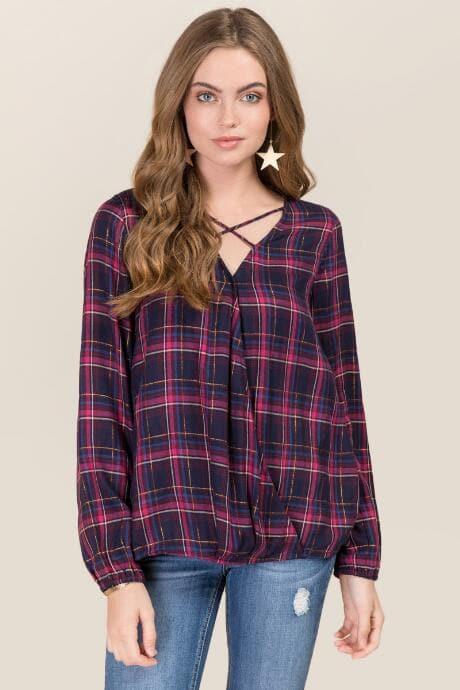 Blue Rain Anika Surplus X Neck Lurex Plaid Blouse - Navy