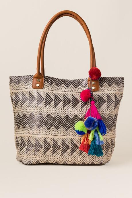 Francesca's Santo Domingo Straw Pom & Tassel Tote - Natural