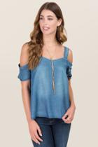 Blue Rain Effie Chambray Sweetheart Cold Shoulder Top - Chambray
