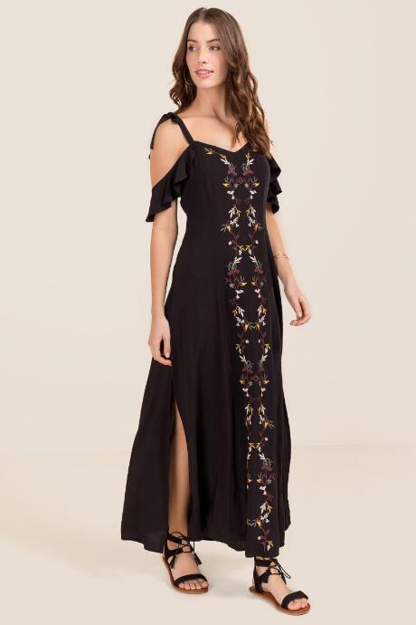 Blue Rain Evita Floral Embroidery Maxi Dress - Black