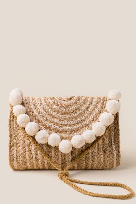 Francesca's Josie Braided Jute Pom Clutch - Ivory