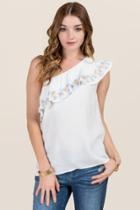 Blue Rain Alayna Embroidered Ruffle One Shoulder Top - White
