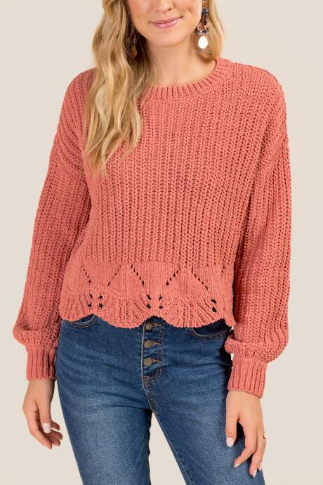 Francesca's Samara Pointelle Scallop Hem Sweater - Rose