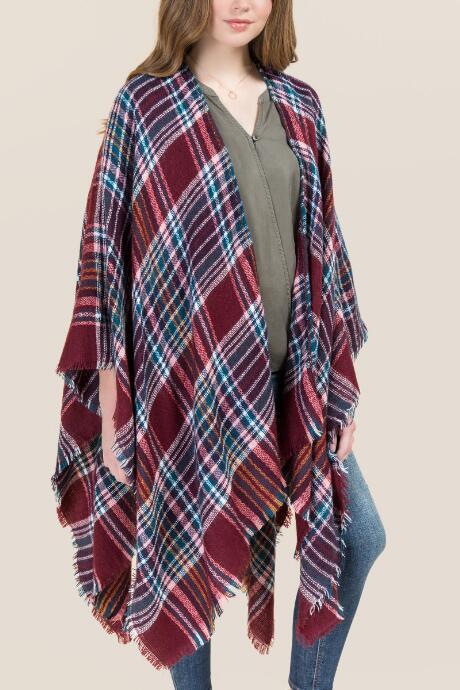 Francesca's Lindsay Plaid Toggle Ruana - Burgundy