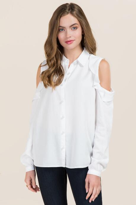 Francesca Inchess Lola Pearl Ruffle Cold Shoulder Button Down - White