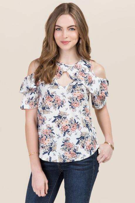 Blue Rain Daelyn Cold Shoulder Floral Top - White