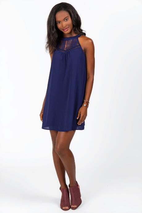 Francesca Inchess Jalyn Lace High Neck Dress - Navy