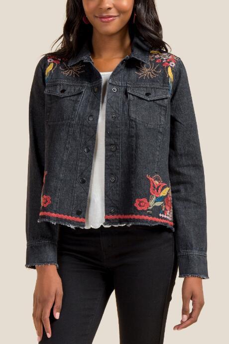 Francesca's Kylie Cross Stitch Floral Denim Jacket - Black