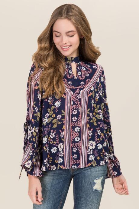 Angie Taylar Gigi Floral Tie Sleeves Top - Navy