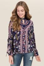 Angie Taylar Gigi Floral Tie Sleeves Top - Navy