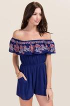 Blue Rain Avery Floral Embroidery Romper - Navy