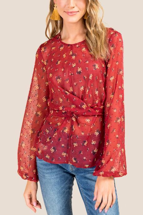 Francesca's Raissa Floral Tie Back Blouse - Brick