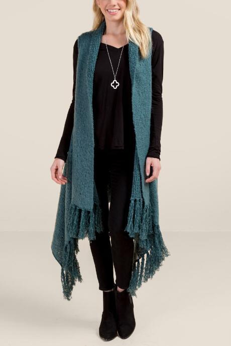 Francesca's Pamela Hooded Fringe Ruana - Teal
