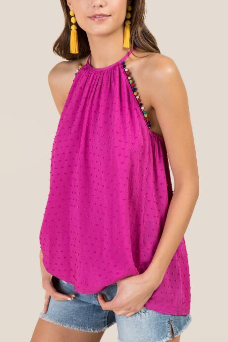 Miami Ria Swiss Dot Multi Pom High Neck Tank - Fuchsia