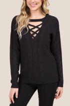 Francesca's Savannah Lattice Neck Cable Sweater - Black