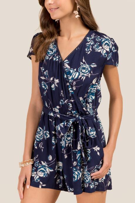 Francesca Inchess Angel Surplus Tie Waist Floral Romper - Navy