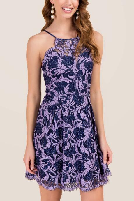 Francescas Felicia High Neck Lace A-line Dress - Navy