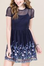 Francesca's Charlotte Embroidered Swiss Dot Mesh A-line Dress - Navy
