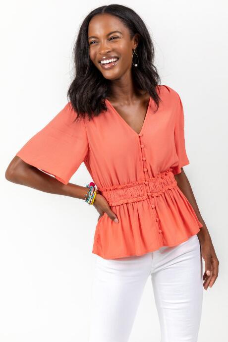 Francesca's Whitney Smocked Waist Blouse - Coral