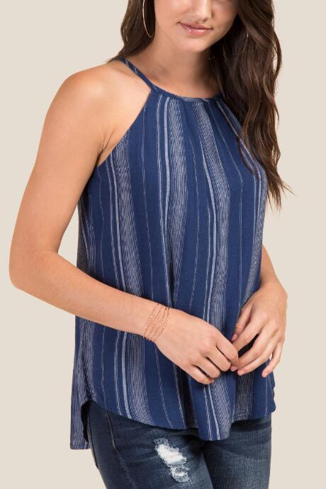 Francesca's Molly High Neck Striped Tank Top - Chambray