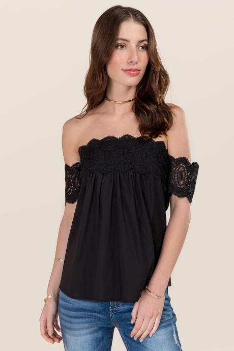 Francesca's Hannah Poplin Off The Shoulder Crochet Top - Black