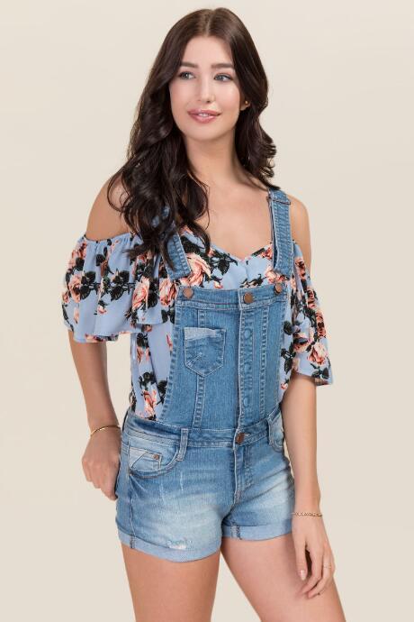 Harper Button Front Rolled Hem Jean Overalls - Medium Wash