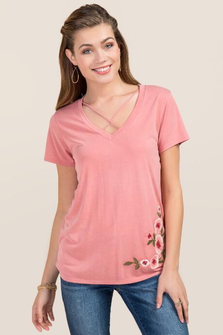 Teenplo Clothing, Inc Lysa Embroidered X Neck Cupro Top - Rose