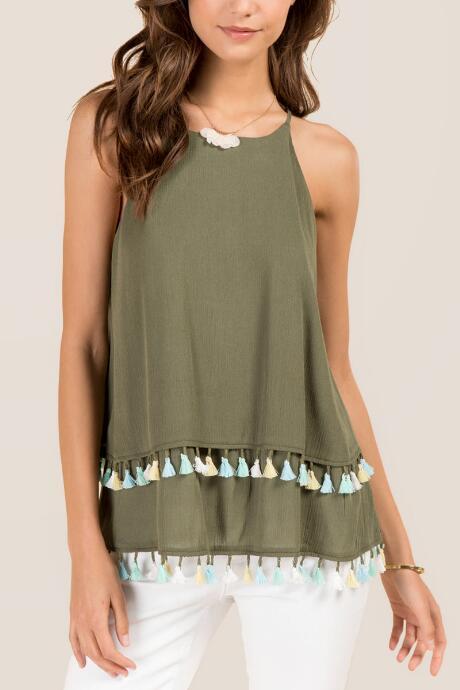Francesca Inchess Elodie High Neck Tassel Sleeveless Tank - Dark Olive